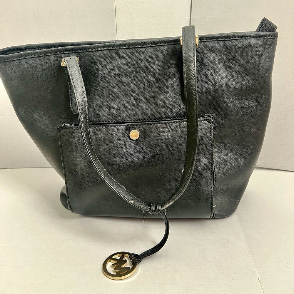 Michael Kors Jet Set Black Saffiano Leather Medium Snap Pocket Tote Bag Read
